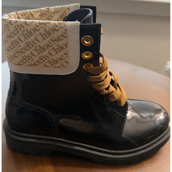 See By Chloe Luxury Black Glossy Logo Rain Boots Lace Up Combat Booties Size 8 - Picture 7 of 16